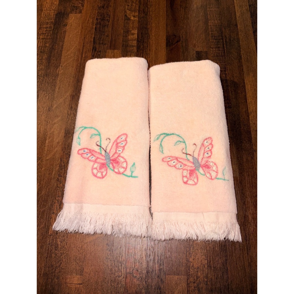 Vintage Panda Pink Butterfly Embroidered Fringe Hand Towels 100% Cotton Set of 2